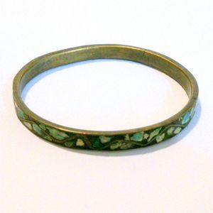 Vintage Brass Mosaic Crushed Stone Inlay Bangle Bracelet